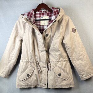 Hollister Anorak Jacket Girls Size L Hooded Fleece Lined Beige Water Wind Resist